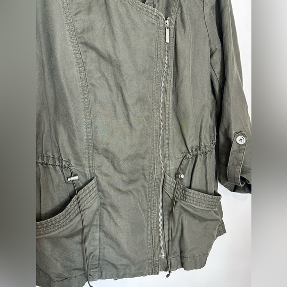 Kenneth Cole Army Green Zip Up Cinched Waist Overlap Front Linen Cotton Sz SM - Picture 5 of 10